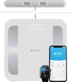 Silvergear® Slimme Pro Weegschaal Met Handvat - 14 Meetfuncties En Analyse App - 8 Sensoren - Professionele Sportschool Smart Scale - Bio Impedantie Meting - Onderlichaam én Bovenlichaam Metingen - Wit