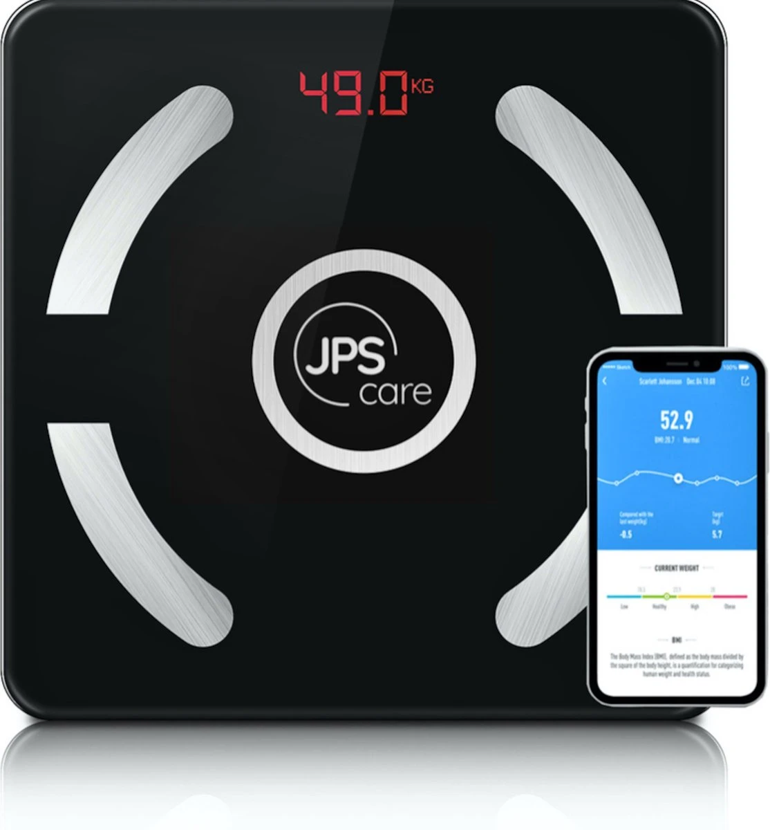 JPS Care® Personenweegschaal - Smart Weegschaal - Met 12 Lichaamsanalyse & Vetpercentage Metingen - Digitaal - Bluetooth Met App - Oplaadbaar Met 6 Maanden Batterij - Zwart 3 JPS Care® Personenweegschaal - Smart Weegschaal - Met 12 Lichaamsanalyse & Vetpercentage Metingen - Digitaal - Bluetooth Met App - Oplaadbaar Met 6 Maanden Batterij - Zwart