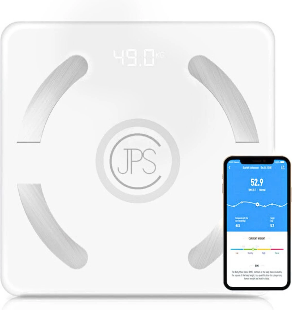 JPS Care® Personenweegschaal - Smart Weegschaal - Met 12 Lichaamsanalyse & Vetpercentage Metingen - Digitaal - Bluetooth Met App - Oplaadbaar Met 6 Maanden Batterij - Wit 3 JPS Care® Personenweegschaal - Smart Weegschaal - Met 12 Lichaamsanalyse & Vetpercentage Metingen - Digitaal - Bluetooth Met App - Oplaadbaar Met 6 Maanden Batterij - Wit