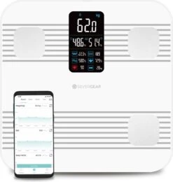 Silvergear® Premium Weegschaal - Weegschaal Personenweegschaal - Weegschaal Met Lichaamsanalyse - 18 Metingen – Slimme Weegschaal – Wit -MEDISANA Shop 1142x1200 1