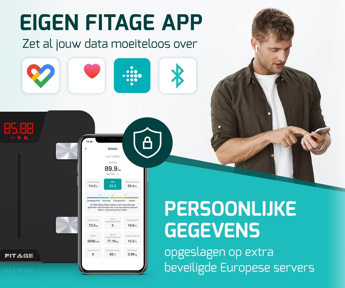 FITAGE Personenweegschaal - Weegschaal Met 17x Lichaamsanalyse - Vetpercentagemeter - FITAGE App 5 FITAGE Personenweegschaal - Weegschaal Met 17x Lichaamsanalyse - Vetpercentagemeter - FITAGE App - Afbeelding 3