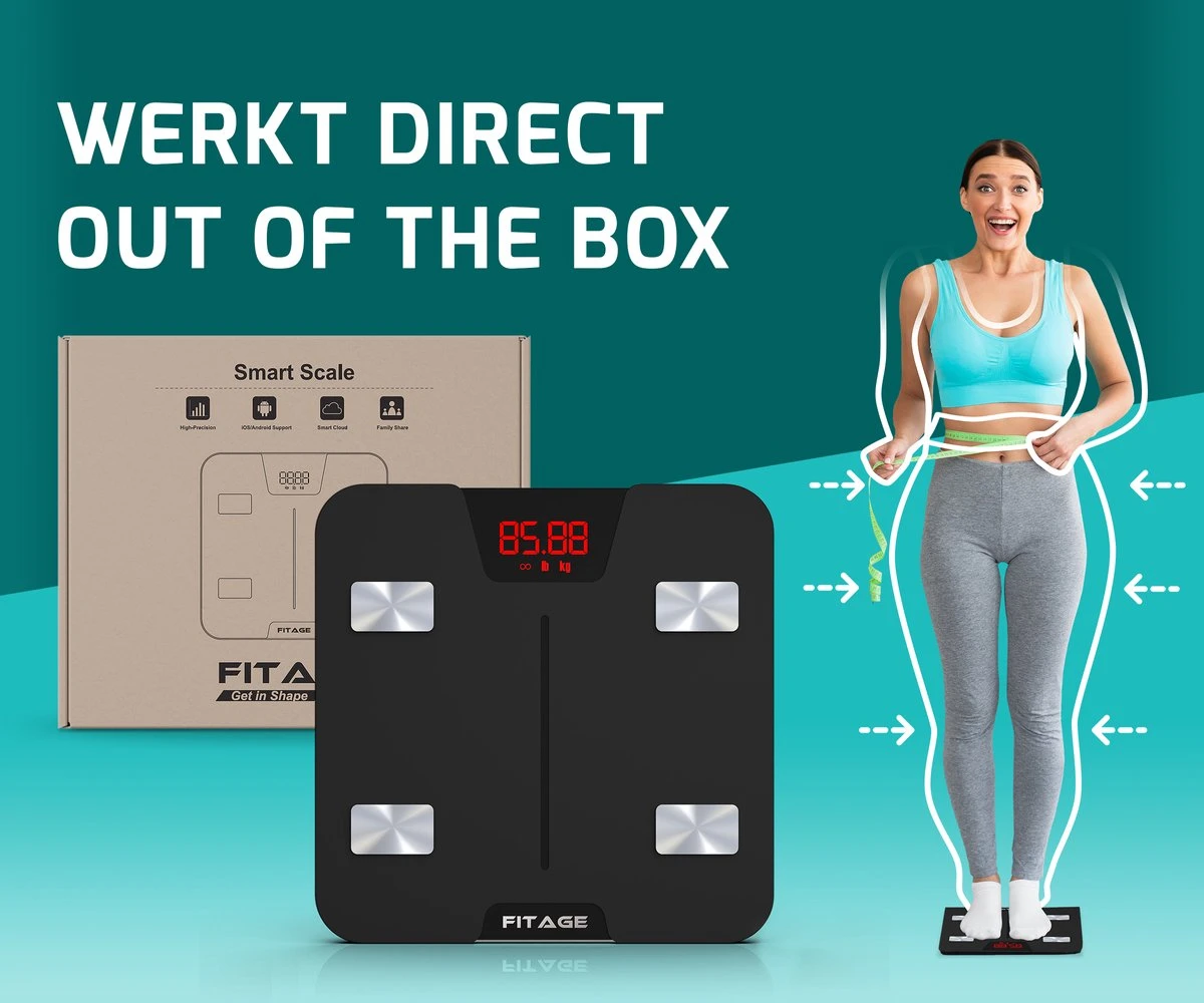 FITAGE Personenweegschaal - Weegschaal Met 17x Lichaamsanalyse - Vetpercentagemeter - FITAGE App 6 FITAGE Personenweegschaal - Weegschaal Met 17x Lichaamsanalyse - Vetpercentagemeter - FITAGE App - Afbeelding 4