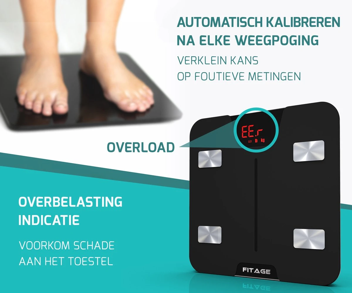 FITAGE Personenweegschaal - Weegschaal Met 17x Lichaamsanalyse - Vetpercentagemeter - FITAGE App 9 FITAGE Personenweegschaal - Weegschaal Met 17x Lichaamsanalyse - Vetpercentagemeter - FITAGE App - Afbeelding 7