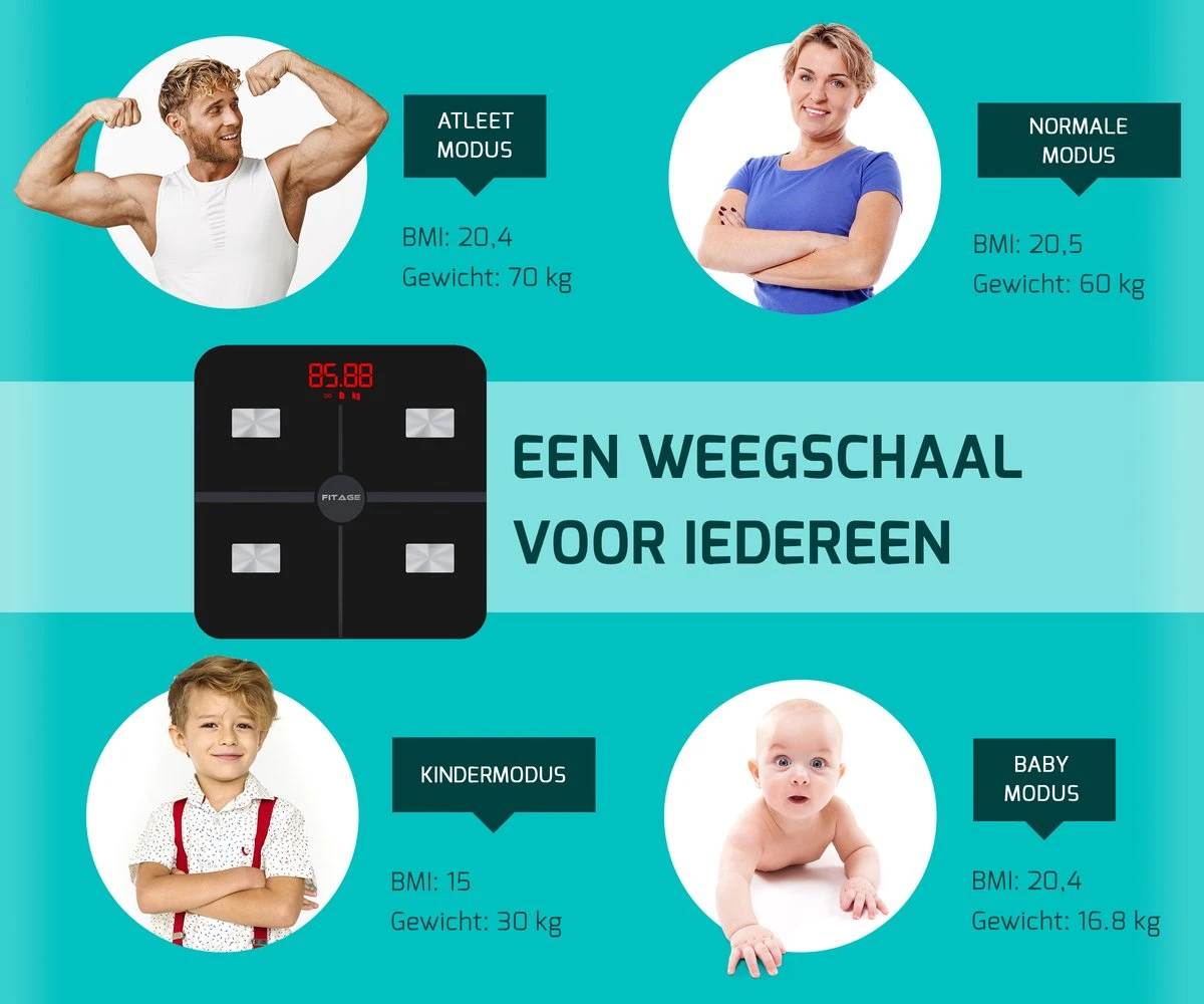FITAGE Personenweegschaal - Weegschaal Met 17x Lichaamsanalyse - Vetpercentagemeter - FITAGE App 13 FITAGE Personenweegschaal - Weegschaal Met 17x Lichaamsanalyse - Vetpercentagemeter - FITAGE App - Afbeelding 11