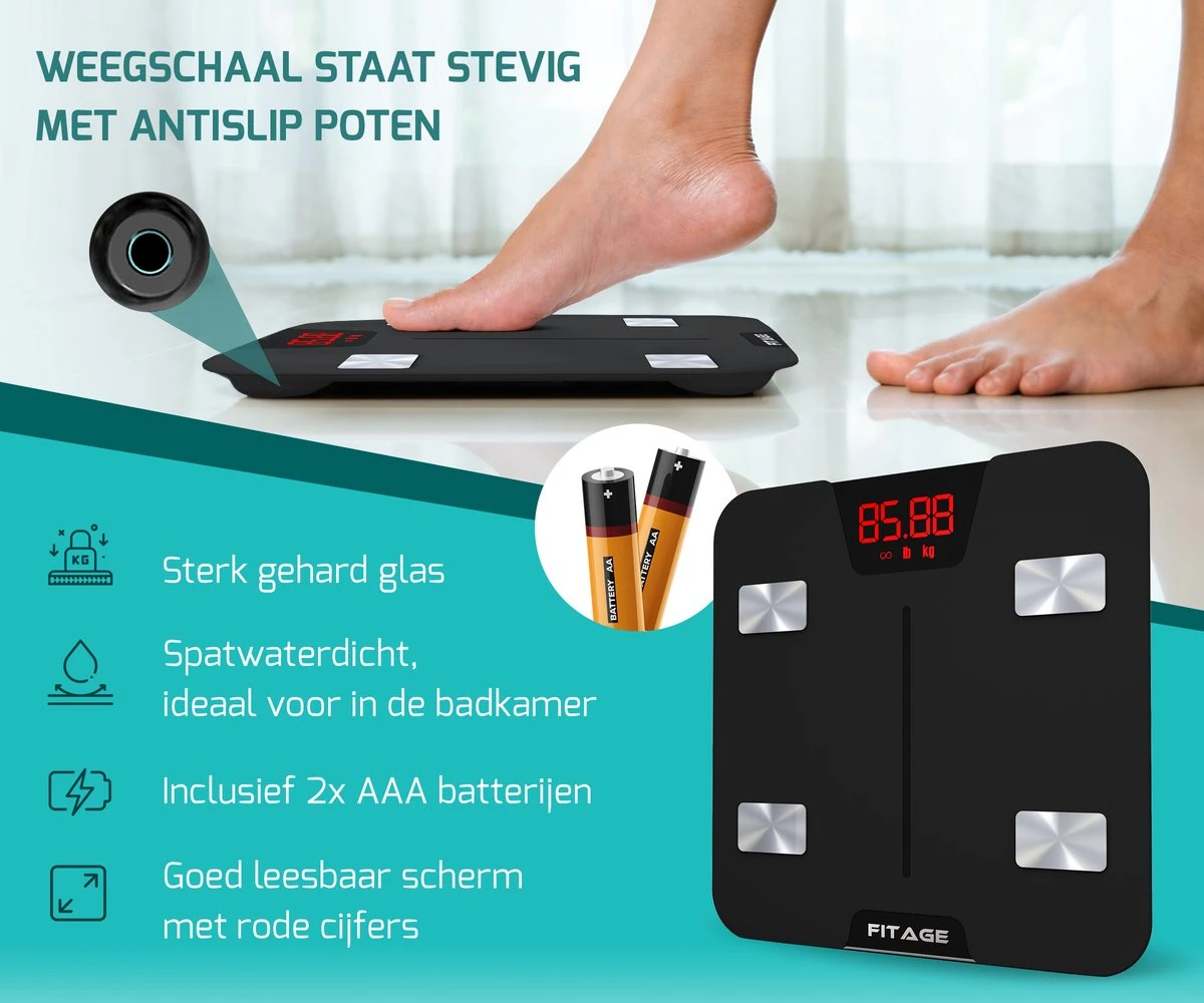 FITAGE Personenweegschaal - Weegschaal Met 17x Lichaamsanalyse - Vetpercentagemeter - FITAGE App 15 FITAGE Personenweegschaal - Weegschaal Met 17x Lichaamsanalyse - Vetpercentagemeter - FITAGE App - Afbeelding 13