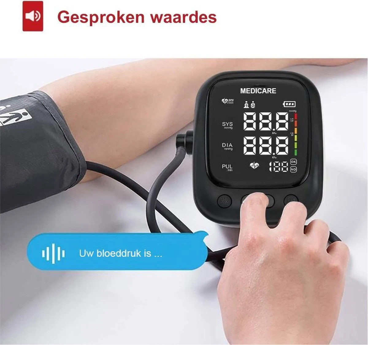 Medicare Bloeddrukmeter Bovenarm Met Spraakfunctie - Groot LED Scherm - Draagband - Zwart 7 Medicare Bloeddrukmeter Bovenarm Met Spraakfunctie - Groot LED Scherm - Draagband - Zwart - Afbeelding 5