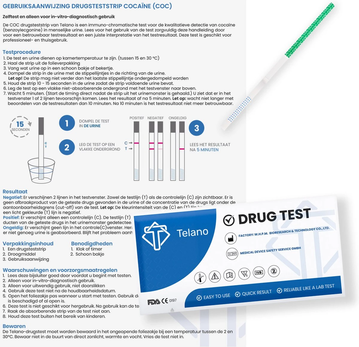 Telano Drugstest Cocaïne 5 Stuks - Drugtest Urine COC Strip 4 Telano Drugstest Cocaïne 5 Stuks - Drugtest Urine COC Strip - Afbeelding 2