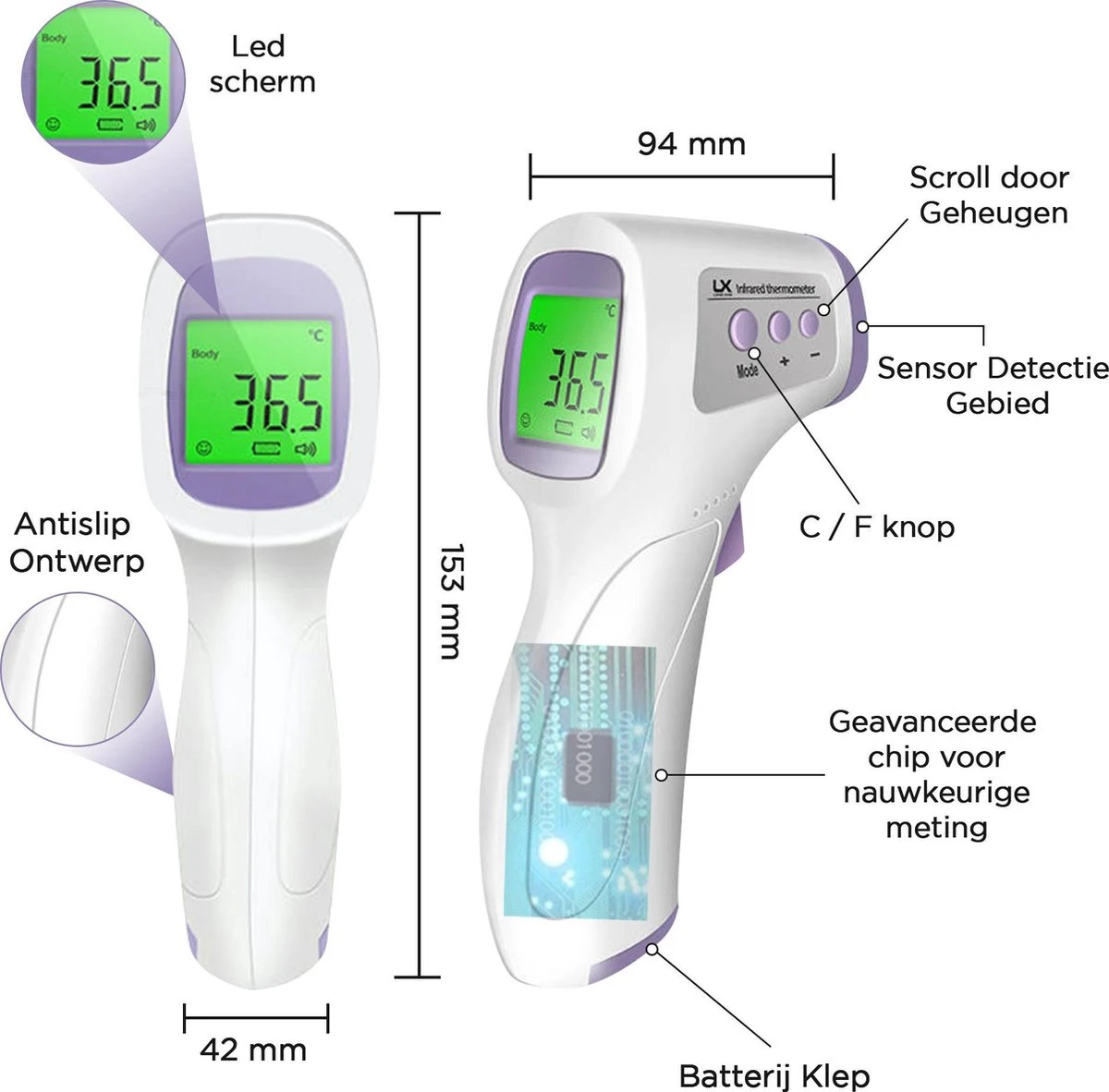 Infrared Thermometer - Infrarood Thermometer - Thermometer Voorhoofd - Thermometer Lichaam - Thermometer Koorts - LCD Display - Temperatuurmeter- Digital Thermometer - Contactloos - Thermometer Lichaam - Digitale Thermometer - Thermomètre Infrarouge 4 Infrared Thermometer - Infrarood Thermometer - Thermometer Voorhoofd - Thermometer Lichaam - Thermometer Koorts - LCD Display - Temperatuurmeter- Digital Thermometer - Contactloos - Thermometer Lichaam - Digitale Thermometer - Thermomètre Infrarouge - Afbeelding 2