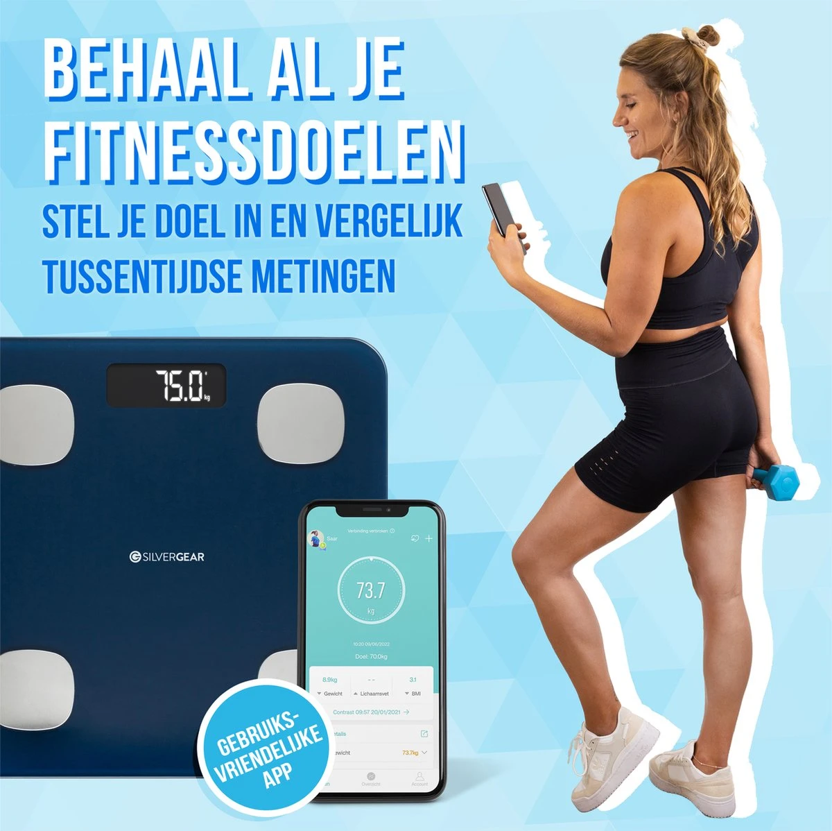 Silvergear® Bluetooth Personenweegschaal - Met Zeer Volledige Lichaamsanalyse Met Vetpercentage – Inclusief Analyse App – Midnight Blue 11 Silvergear® Bluetooth Personenweegschaal - Met Zeer Volledige Lichaamsanalyse Met Vetpercentage – Inclusief Analyse App – Midnight Blue - Afbeelding 9