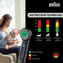 Braun Digitale Thermometer + Handige Opbergetui - Voorhoofdthermometer - Age Precision Technologie - Contactloze Meting - Geschikt Voor Baby's, Kinderen & Volwassenen - Koortsindicator Met Leeftijdsinstelling - Met Stiltemodus - BNT400 - Zwart -MEDISANA Shop 1200x1200 1058