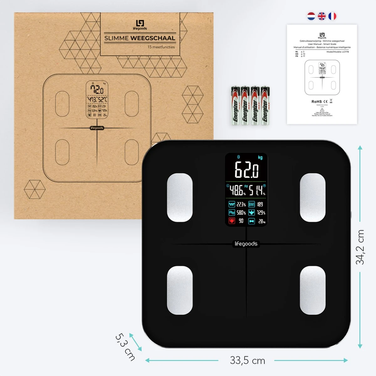 LifeGoods Personenweegschaal - Lichaamsanalyse & Vetpercentage - Digitaal - 15 Metingen - Zwart 7 LifeGoods Personenweegschaal - Lichaamsanalyse & Vetpercentage - Digitaal - 15 Metingen - Zwart - Afbeelding 5