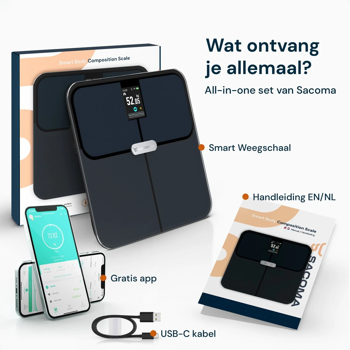 Sacoma Personenweegschaal - Met Interactief Weegplateau - 17x Lichaamsanalyse - Bluetooth En WiFi - Weegschaal Met App - USB Oplaadbaar - Digitaal 11 Sacoma Personenweegschaal - Met Interactief Weegplateau - 17x Lichaamsanalyse - Bluetooth En WiFi - Weegschaal Met App - USB Oplaadbaar - Digitaal - Afbeelding 9
