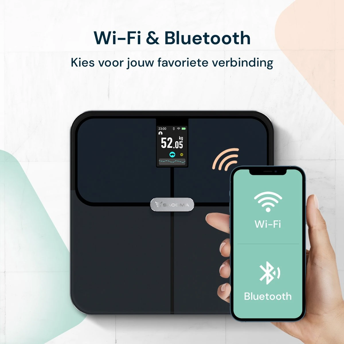 Sacoma Personenweegschaal - Met Interactief Weegplateau - 17x Lichaamsanalyse - Bluetooth En WiFi - Weegschaal Met App - USB Oplaadbaar - Digitaal 13 Sacoma Personenweegschaal - Met Interactief Weegplateau - 17x Lichaamsanalyse - Bluetooth En WiFi - Weegschaal Met App - USB Oplaadbaar - Digitaal - Afbeelding 11