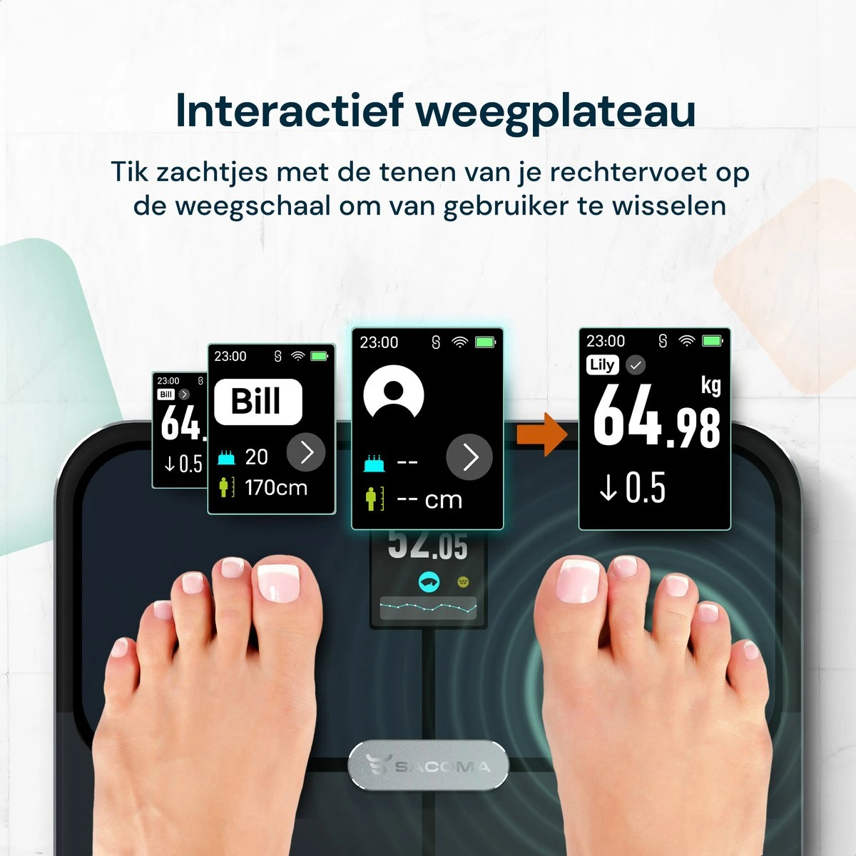 Sacoma Personenweegschaal - Met Interactief Weegplateau - 17x Lichaamsanalyse - Bluetooth En WiFi - Weegschaal Met App - USB Oplaadbaar - Digitaal 14 Sacoma Personenweegschaal - Met Interactief Weegplateau - 17x Lichaamsanalyse - Bluetooth En WiFi - Weegschaal Met App - USB Oplaadbaar - Digitaal - Afbeelding 12