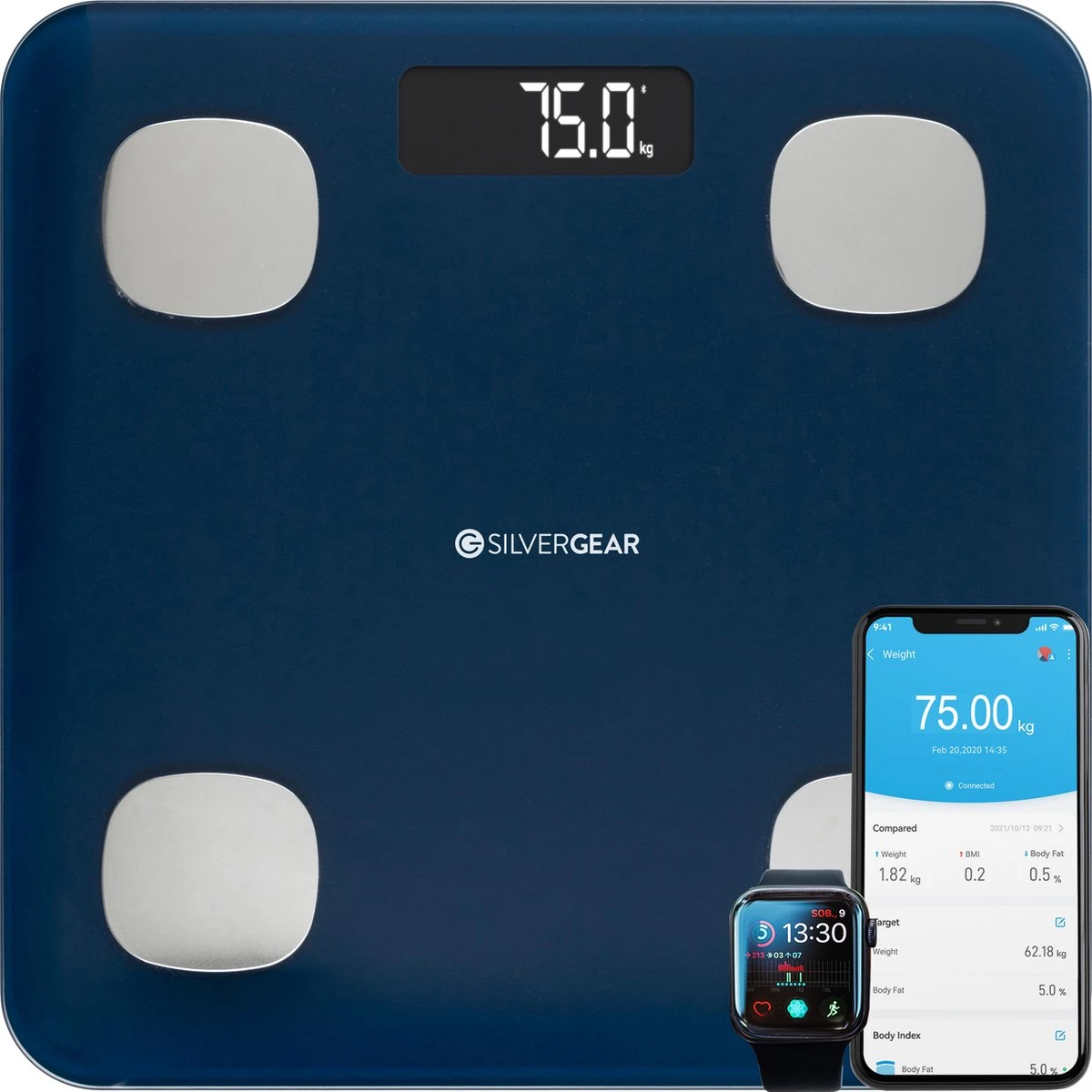 Silvergear® Bluetooth Personenweegschaal - Met Zeer Volledige Lichaamsanalyse Met Vetpercentage – Inclusief Analyse App – Midnight Blue 3 Silvergear® Bluetooth Personenweegschaal - Met Zeer Volledige Lichaamsanalyse Met Vetpercentage – Inclusief Analyse App – Midnight Blue