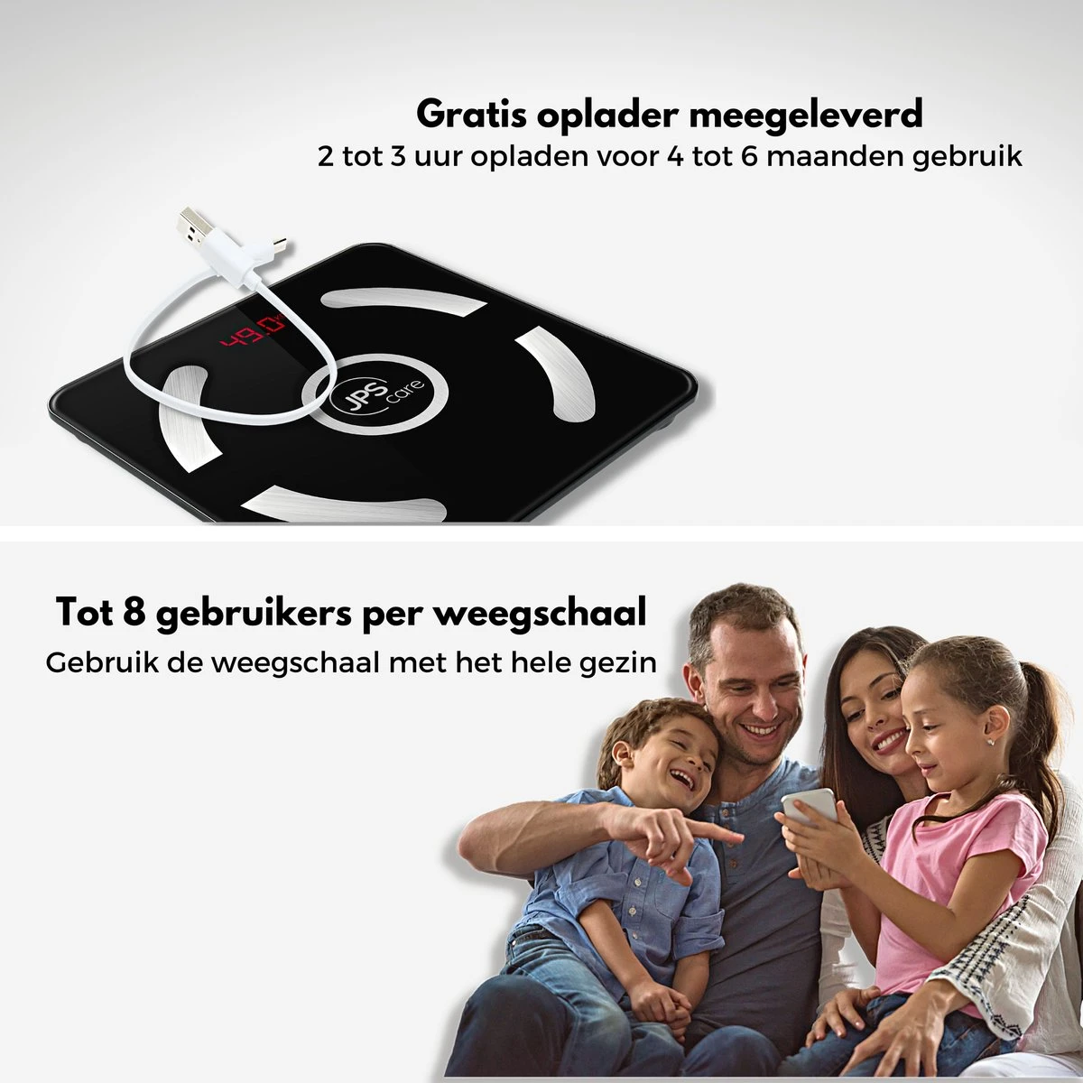 JPS Care® Personenweegschaal - Smart Weegschaal - Met 12 Lichaamsanalyse & Vetpercentage Metingen - Digitaal - Bluetooth Met App - Oplaadbaar Met 6 Maanden Batterij - Zwart 7 JPS Care® Personenweegschaal - Smart Weegschaal - Met 12 Lichaamsanalyse & Vetpercentage Metingen - Digitaal - Bluetooth Met App - Oplaadbaar Met 6 Maanden Batterij - Zwart - Afbeelding 5