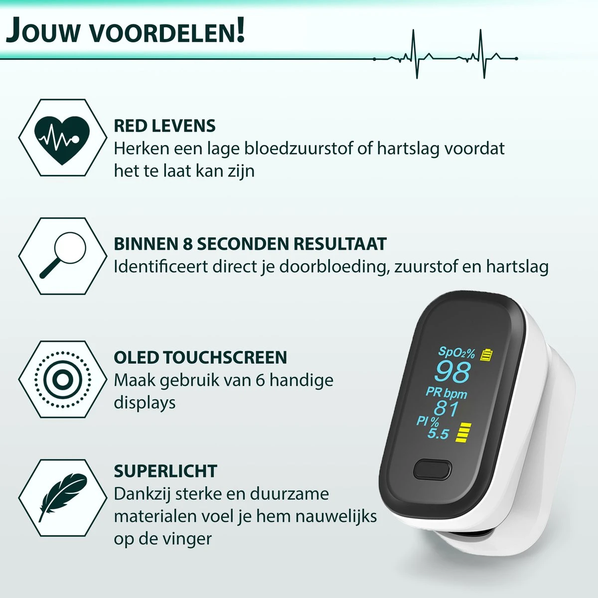 Curify® Medische Saturatiemeter - Zuurstofmeter Vinger Inclusief Hartslagmeter - Pulse Oximeter Met PI Functie 4 Curify® Medische Saturatiemeter - Zuurstofmeter Vinger Inclusief Hartslagmeter - Pulse Oximeter Met PI Functie - Afbeelding 2