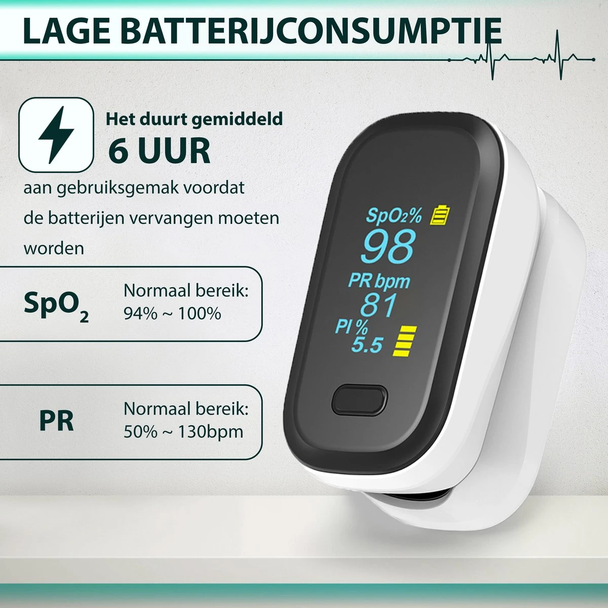 Curify® Medische Saturatiemeter - Zuurstofmeter Vinger Inclusief Hartslagmeter - Pulse Oximeter Met PI Functie 6 Curify® Medische Saturatiemeter - Zuurstofmeter Vinger Inclusief Hartslagmeter - Pulse Oximeter Met PI Functie - Afbeelding 4