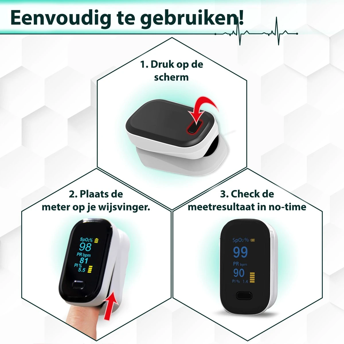 Curify® Medische Saturatiemeter - Zuurstofmeter Vinger Inclusief Hartslagmeter - Pulse Oximeter Met PI Functie 7 Curify® Medische Saturatiemeter - Zuurstofmeter Vinger Inclusief Hartslagmeter - Pulse Oximeter Met PI Functie - Afbeelding 5