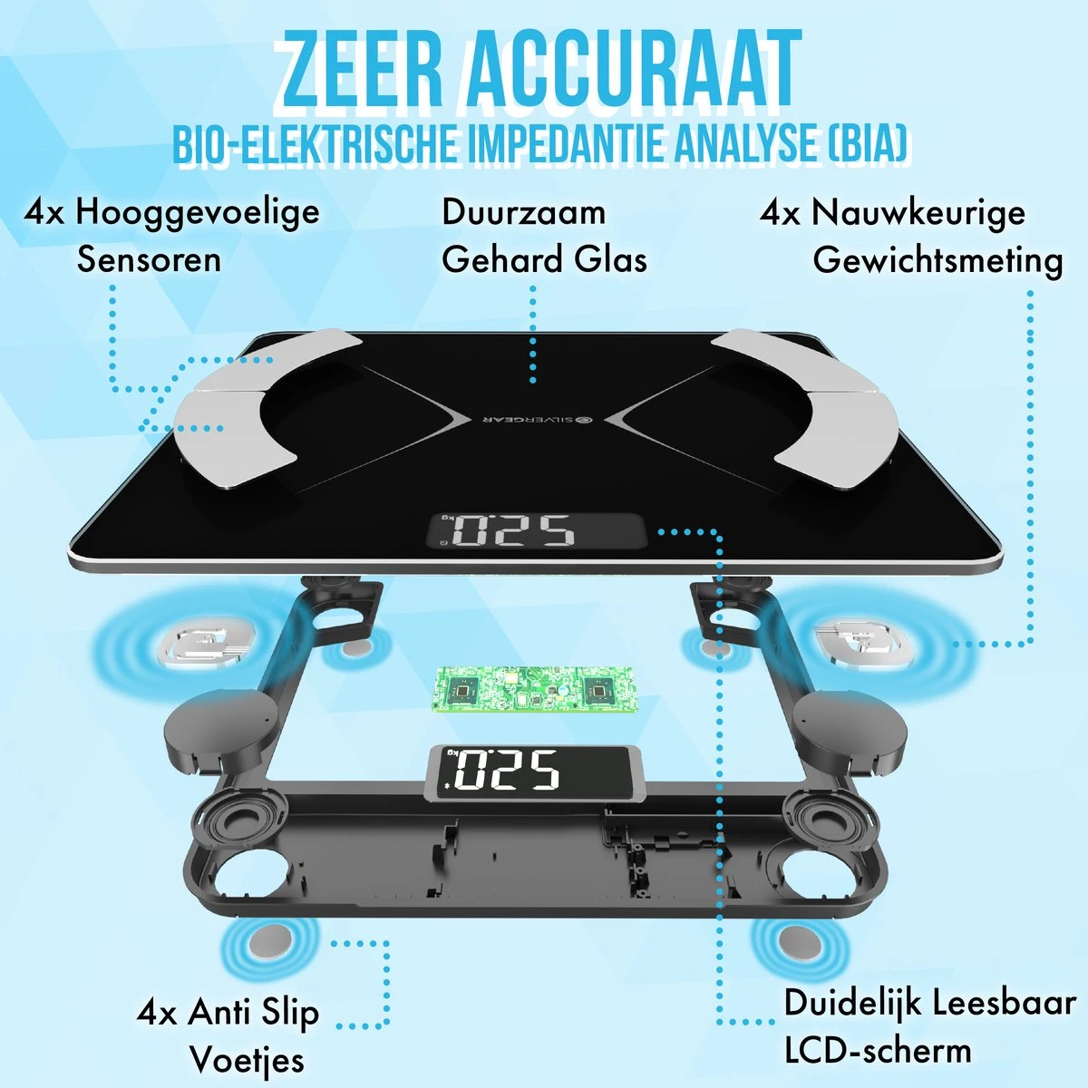 Silvergear® Bluetooth Personenweegschaal - Met Zeer Volledige Lichaamsanalyse Met Vetpercentage – Inclusief Analyse App – Zwart 15 Silvergear® Bluetooth Personenweegschaal - Met Zeer Volledige Lichaamsanalyse Met Vetpercentage – Inclusief Analyse App – Zwart - Afbeelding 13