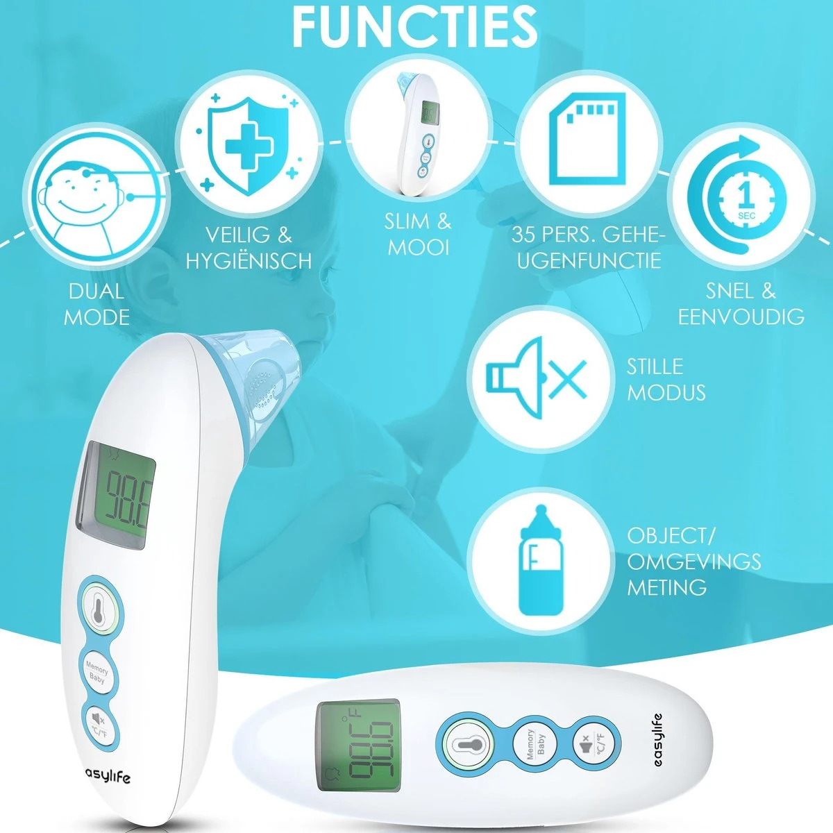 EASY LIFE Easylife® Digitale Infrarood Thermometer Incl. Batterijen En Opbergzakje - Oor & Voorhoofd 4 EASY LIFE Easylife® Digitale Infrarood Thermometer Incl. Batterijen En Opbergzakje - Oor & Voorhoofd - Afbeelding 2