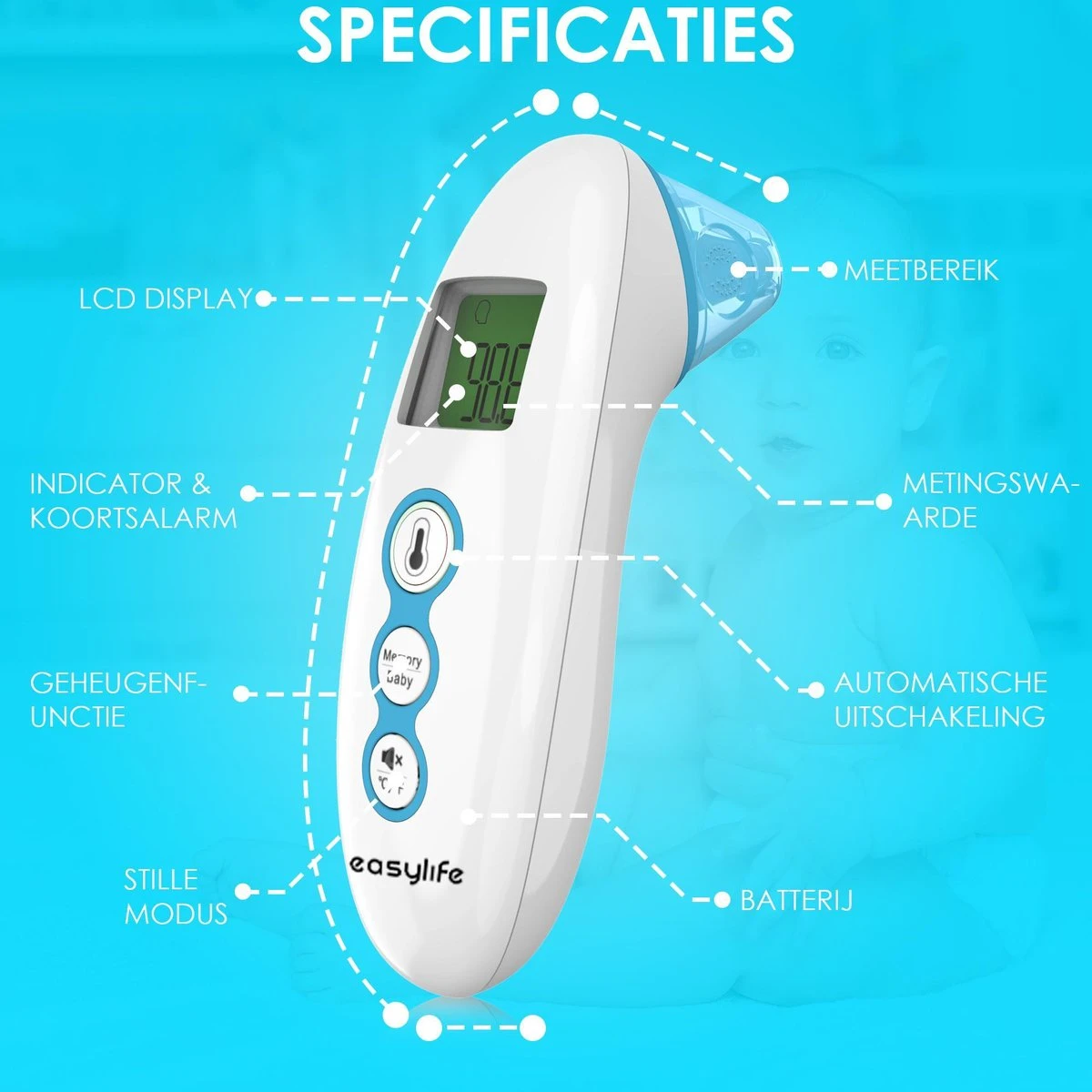 EASY LIFE Easylife® Digitale Infrarood Thermometer Incl. Batterijen En Opbergzakje - Oor & Voorhoofd 5 EASY LIFE Easylife® Digitale Infrarood Thermometer Incl. Batterijen En Opbergzakje - Oor & Voorhoofd - Afbeelding 3