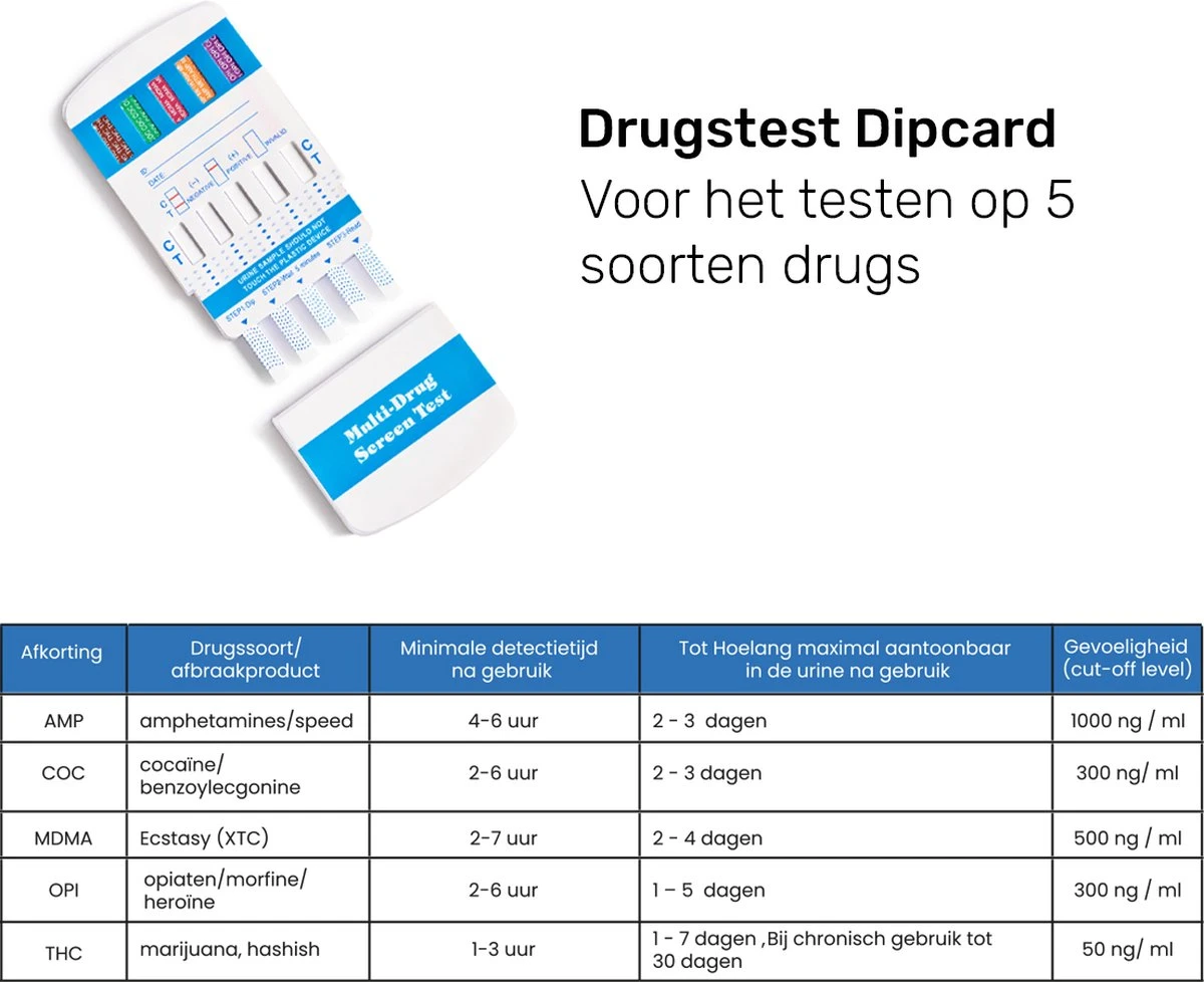 Telano Multidrugstest 5 - Urine Drugstest Test Op 5 Soorten Drugs - Cocaine Cannabis Amphetaminen Ecstasy Heroïne - 1 Stuk 6 Telano Multidrugstest 5 - Urine Drugstest Test Op 5 Soorten Drugs - Cocaine Cannabis Amphetaminen Ecstasy Heroïne - 1 Stuk - Afbeelding 4