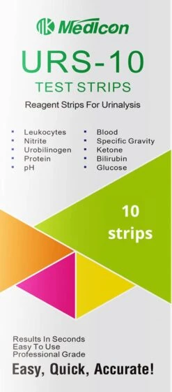 Medicon 10 Urine Test - 10 Urinetest Strips - Blaasontsteking - Urine Monster - 10 Parameters - Leukocyten - Nitriet - Urobilinogeen - Ketonen - Eiwitten - PH - Bloed - Soortelijk Gewicht - Bilirubine - Glucose - Ketonentest