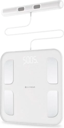 Silvergear® Slimme Pro Weegschaal Met Handvat - 14 Meetfuncties En Analyse App - 8 Sensoren - Professionele Sportschool Smart Scale - Bio Impedantie Meting - Onderlichaam én Bovenlichaam Metingen - Wit -MEDISANA Shop 605x1200